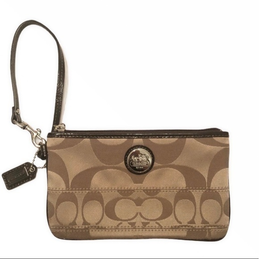 Coach brown khaki signature wristlet clutch bag